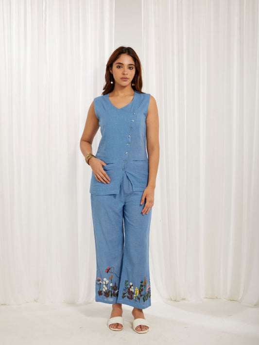 Dusty Blue Cotton Slub Hand Embroidery Formal Co-ord Set
