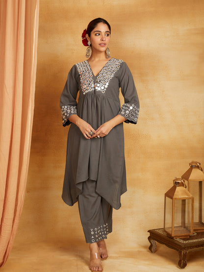 Grey kurta, pant, and dupatta with mirror work