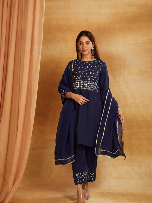 Navy blue kurta, pant, and dupatta with mirror work