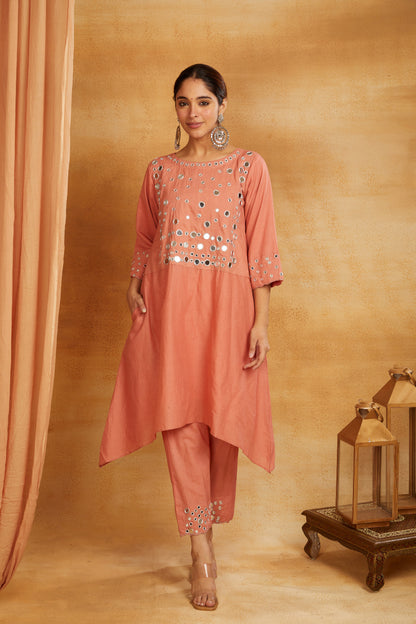 Peach kurta, pant, and dupatta with mirror work