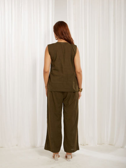 Olive Green Cotton Slub Hand Embroidery Formal Co-ord Set