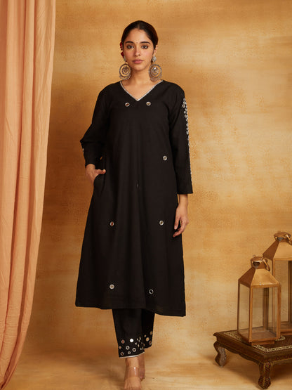 Black kurta, pant, and dupatta with mirror work