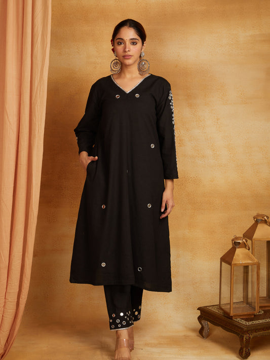 Black kurta, pant, and dupatta with mirror work