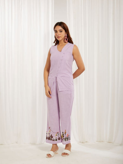 Lavender Cotton Slub Hand Embroidery Formal Co-ord Set