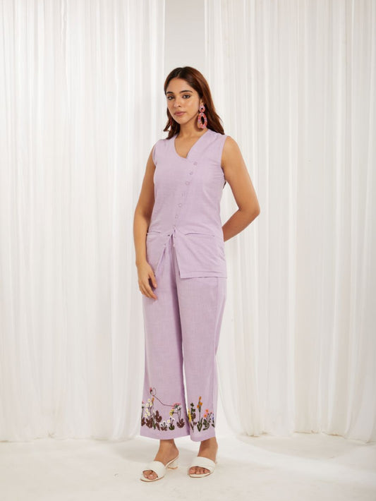 Lavender Cotton Slub Hand Embroidery Formal Co-ord Set