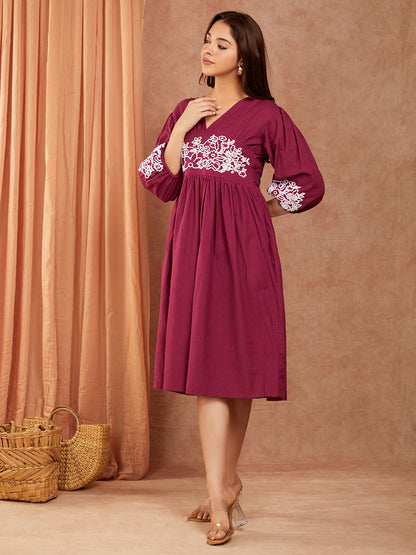 Pure Cotton Hand Embroidery Gathered Dress with Pockets