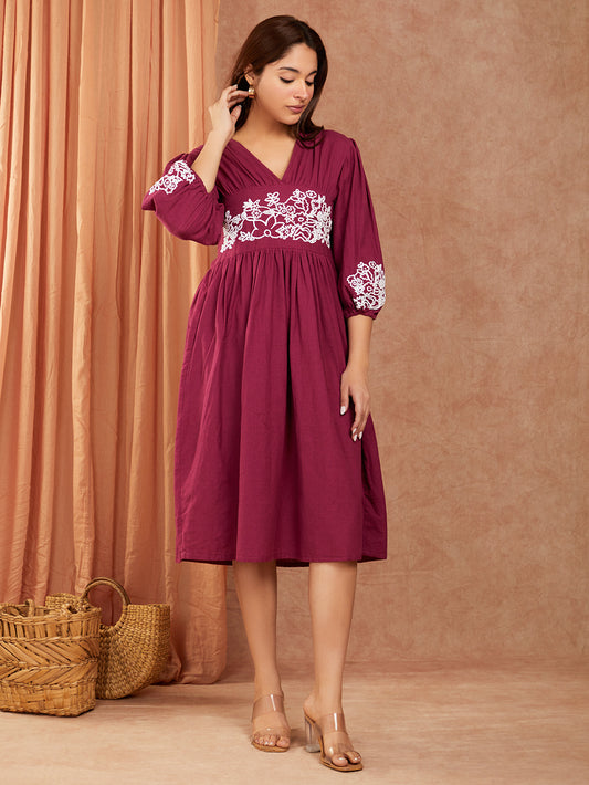 Pure Cotton Hand Embroidery Gathered Dress with Pockets