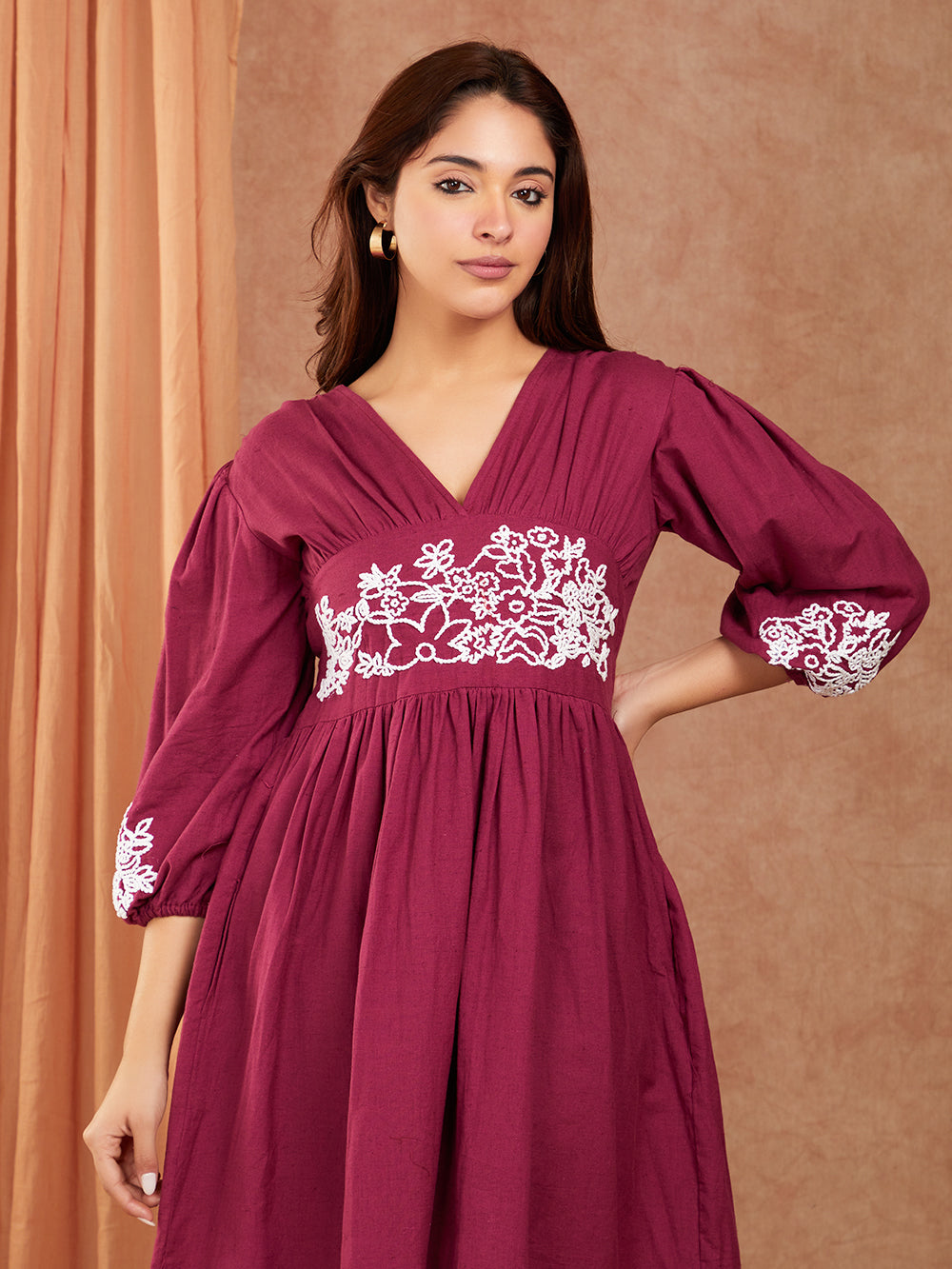 Pure Cotton Hand Embroidery Gathered Dress with Pockets