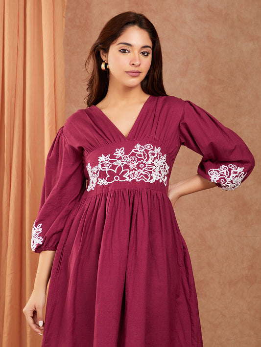 Pure Cotton Hand Embroidery Gathered Dress with Pockets