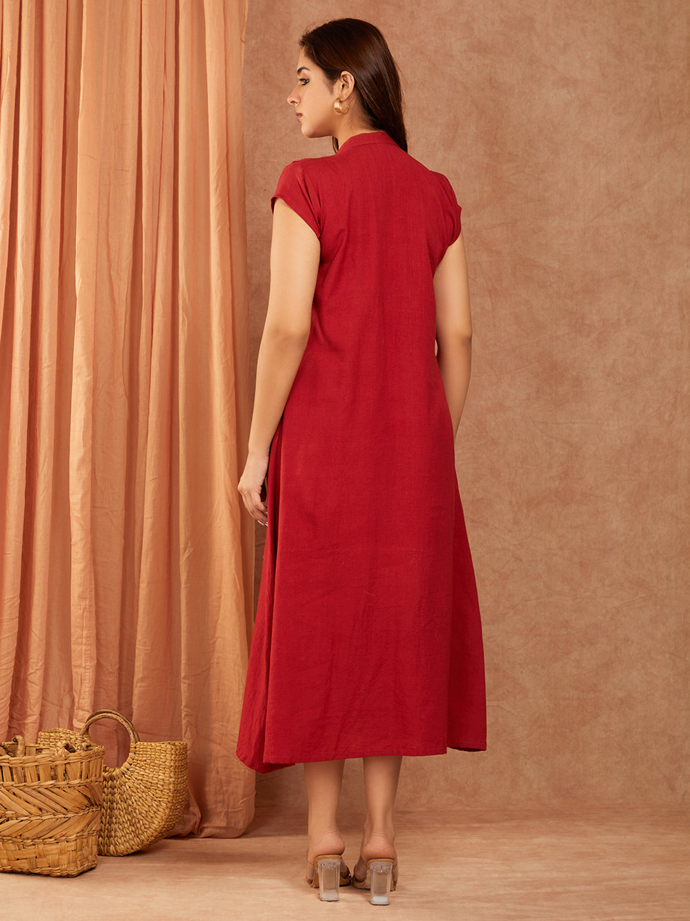 Brick Brown Pintuck Cotton Slub Dress