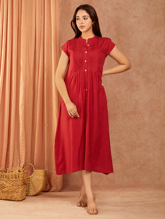 Brick Brown Pintuck Cotton Slub Dress