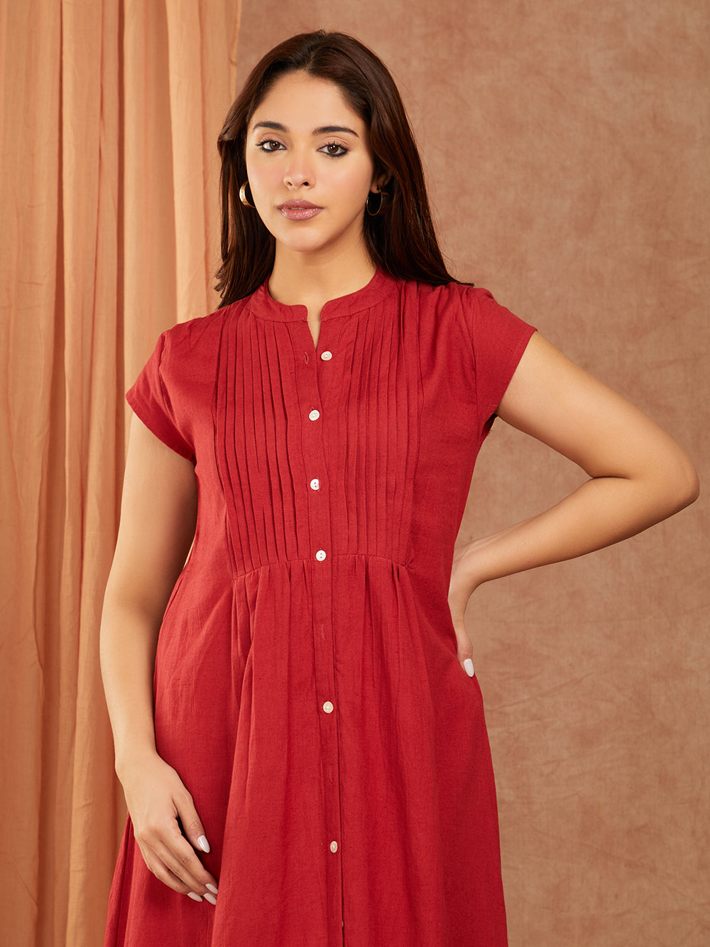 Brick Brown Pintuck Cotton Slub Dress