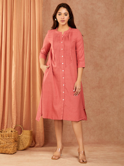 Peach Pintuck Cotton Slub Dress