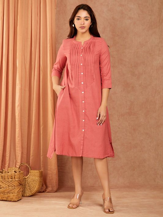 Peach Pintuck Cotton Slub Dress