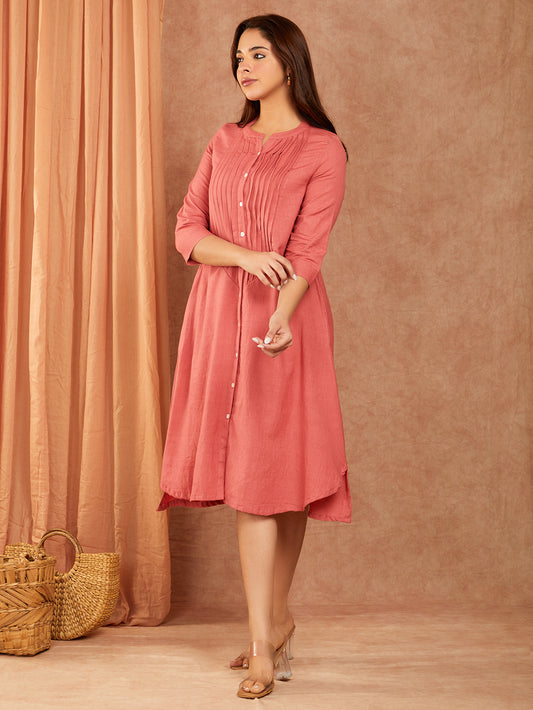 Peach Pintuck Cotton Slub Dress