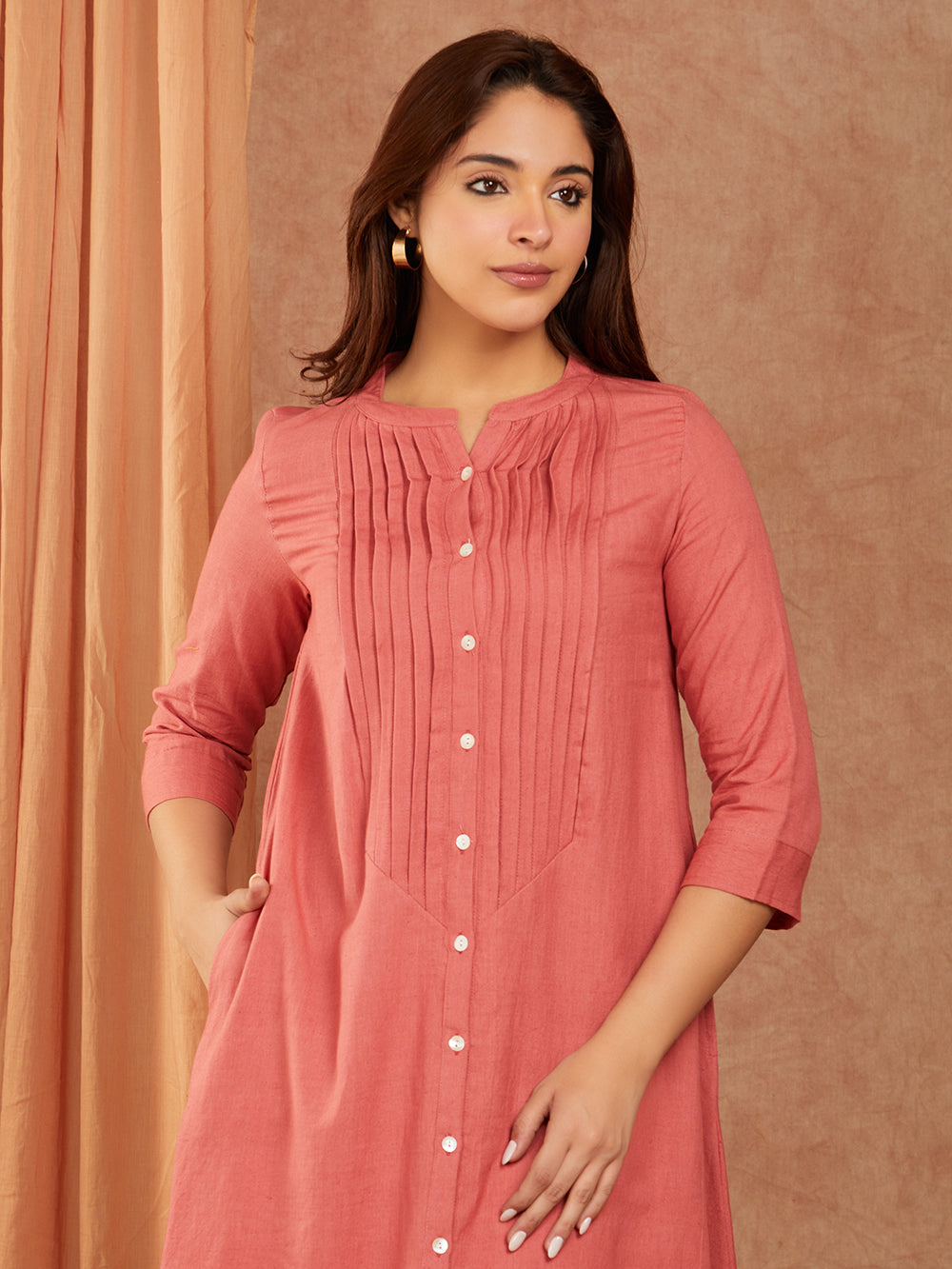Peach Pintuck Cotton Slub Dress