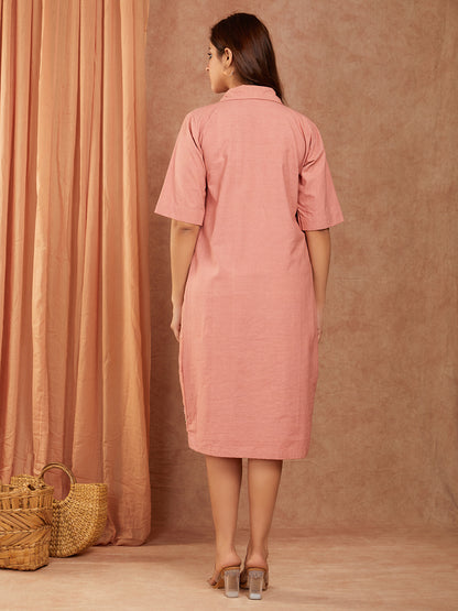Pure Cotton Peach Embroidery Shirt Style Dress