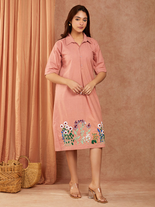 Pure Cotton Peach Embroidery Shirt Style Dress