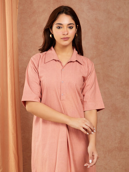 Pure Cotton Peach Embroidery Shirt Style Dress