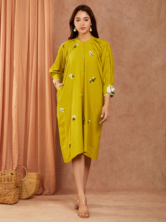 Pure Cotton Mehendi Green Hand Embroidery Dress with Full Sleeves Gather