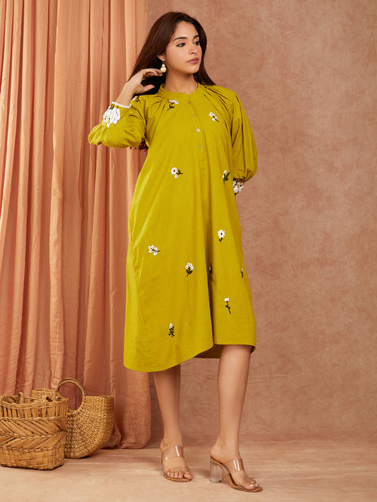 Pure Cotton Mehendi Green Hand Embroidery Dress with Full Sleeves Gather