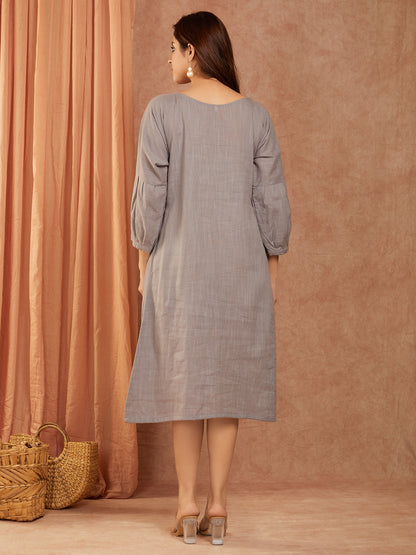 Cotton Slub Dull Grey Hand Embroidery Dress
