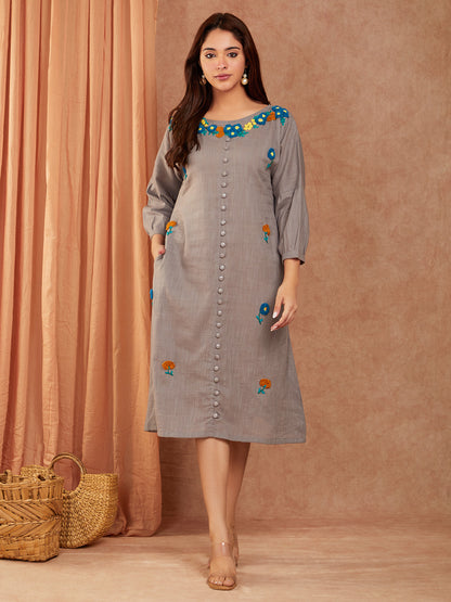 Cotton Slub Dull Grey Hand Embroidery Dress