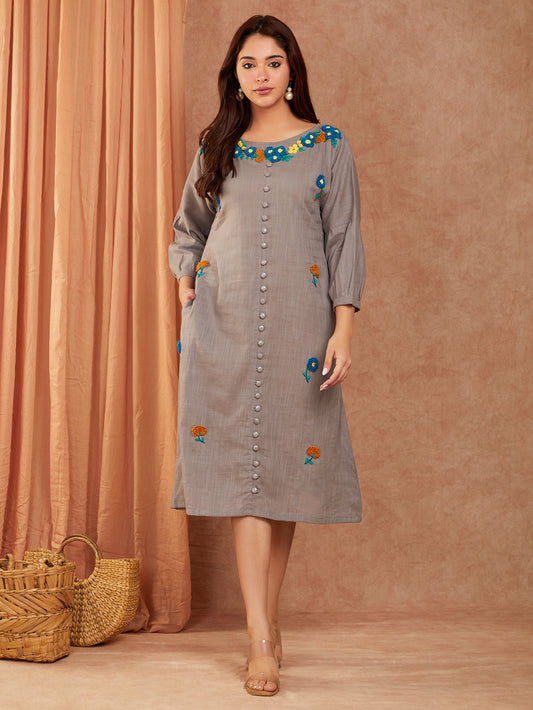 Cotton Slub Dull Grey Hand Embroidery Dress
