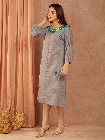Cotton Slub Dull Grey Hand Embroidery Dress