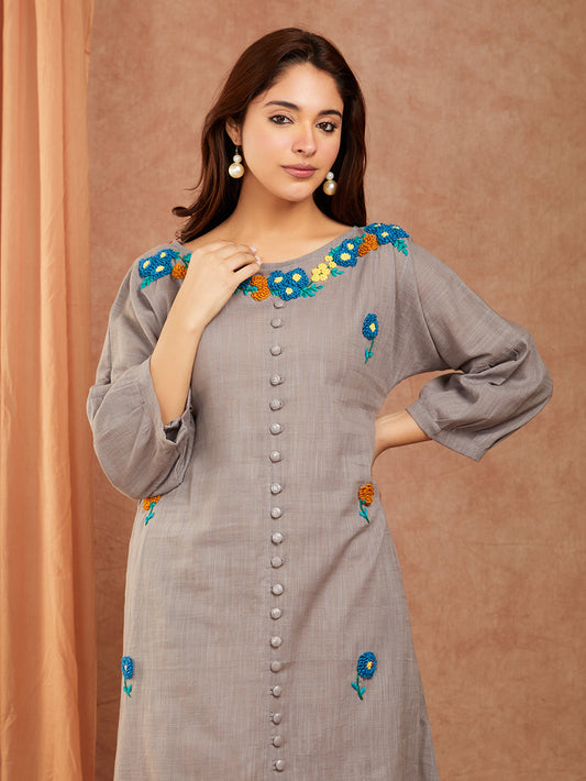 Cotton Slub Dull Grey Hand Embroidery Dress