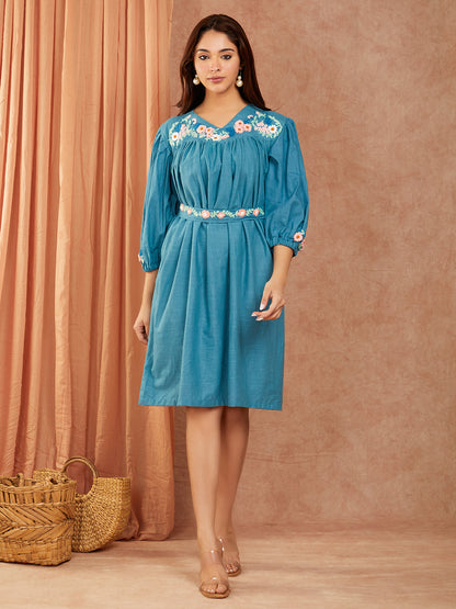 Cotton Slub Hand Embroidery Dress with 3/4 Sleeves Gather, Knee-Length Dress with Detachable Belt