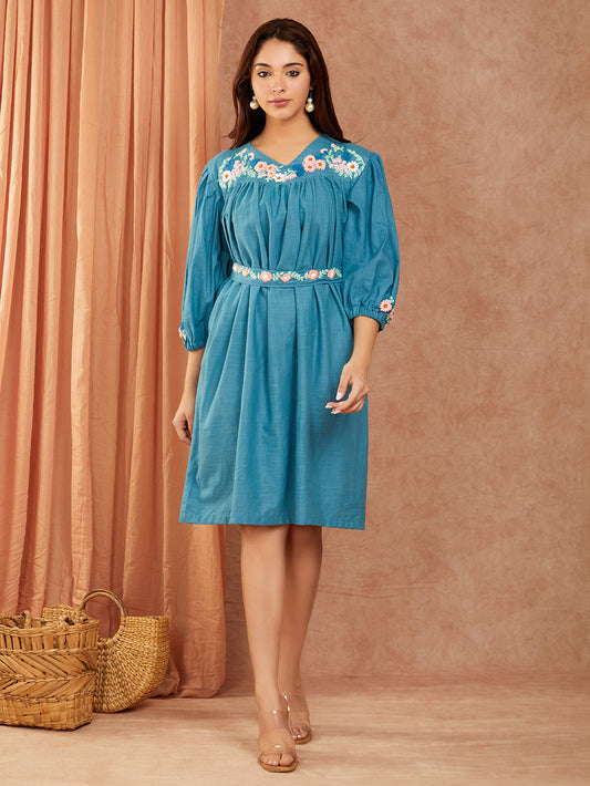 Cotton Slub Hand Embroidery Dress with 3/4 Sleeves Gather, Knee-Length Dress with Detachable Belt