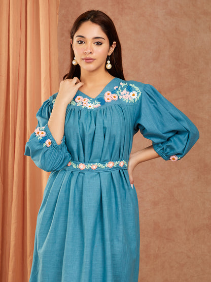 Cotton Slub Hand Embroidery Dress with 3/4 Sleeves Gather, Knee-Length Dress with Detachable Belt