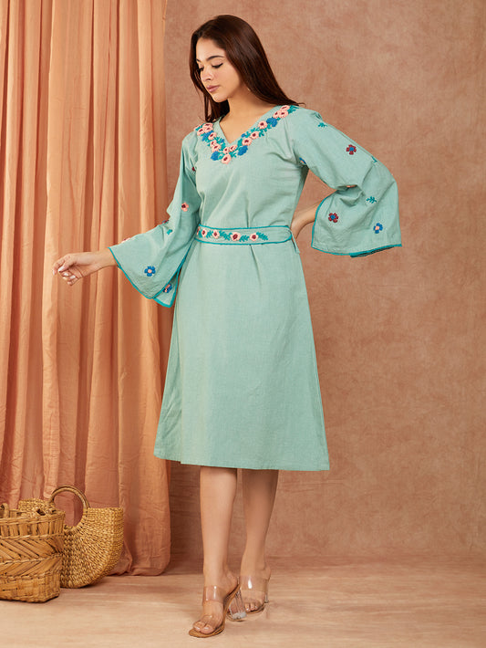 Pure Cotton Mint Blue Hand Embroidery A-line Dress