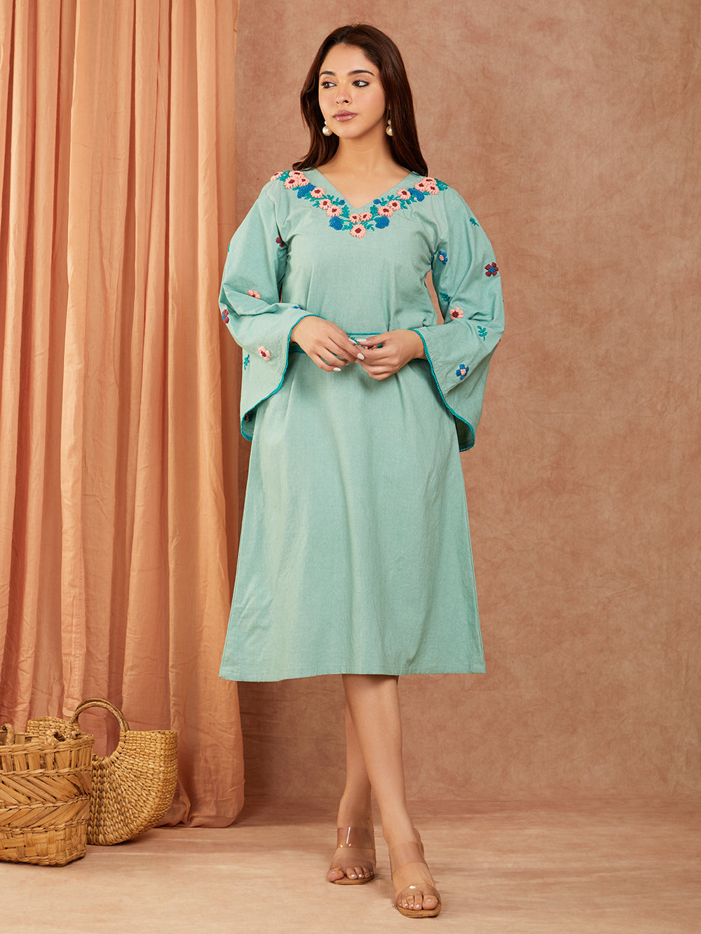Pure Cotton Mint Blue Hand Embroidery A-line Dress