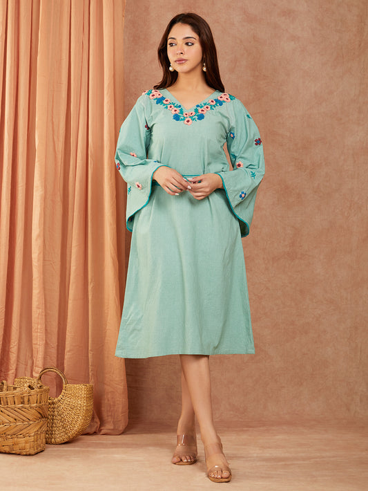 Pure Cotton Mint Blue Hand Embroidery A-line Dress