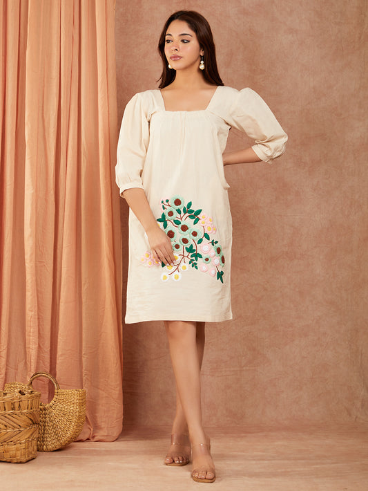 Pure Cotton Hand Embroidery Dress with Gathers and Pockets