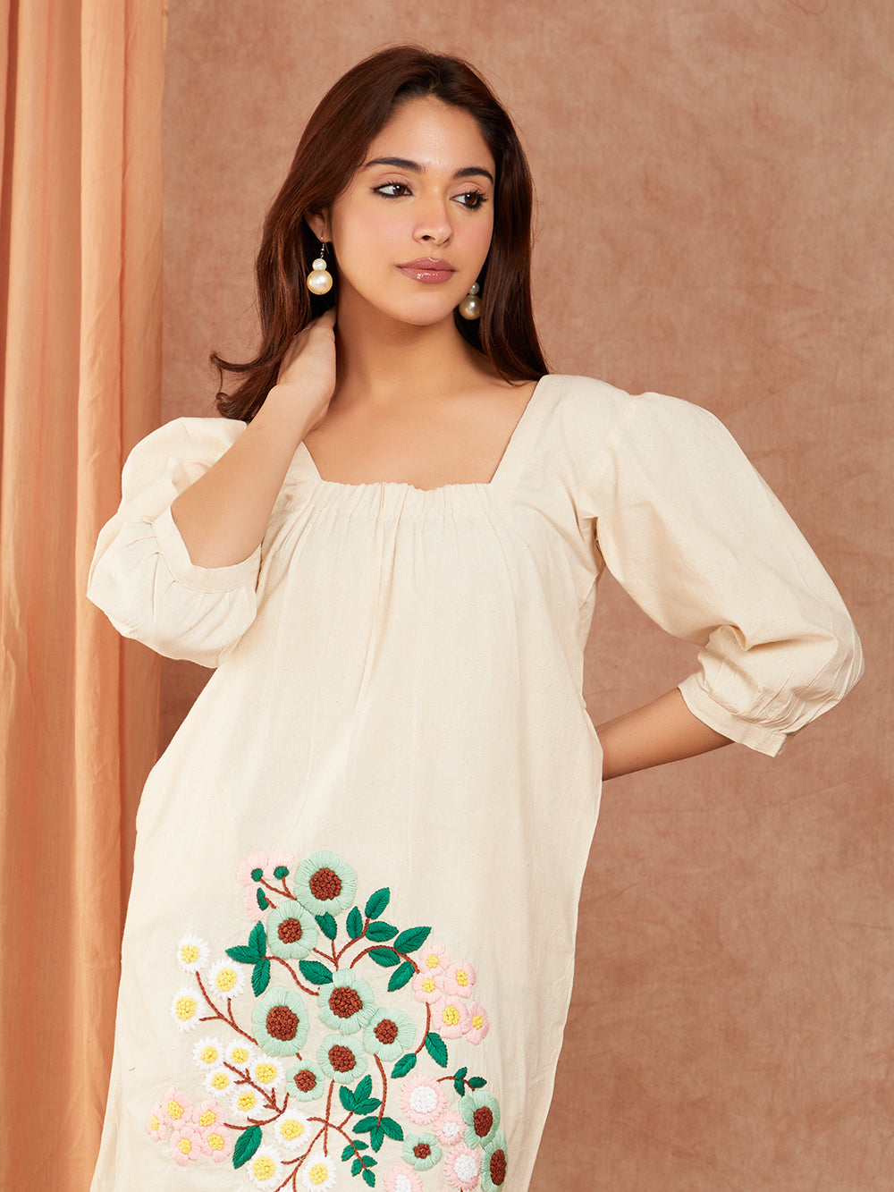 Pure Cotton Hand Embroidery Dress with Gathers and Pockets