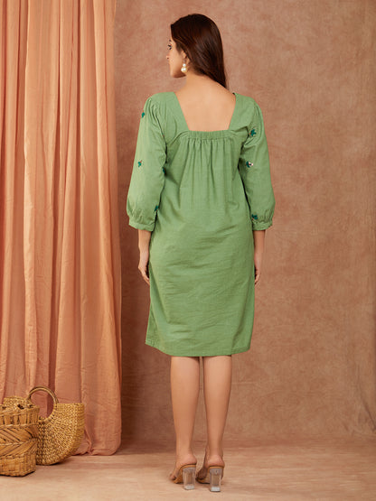 Pure Cotton Pista Green Hand Embroidery A-line Dress