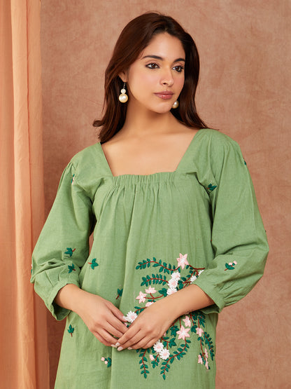 Pure Cotton Pista Green Hand Embroidery A-line Dress