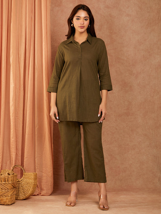 Olive Green Cotton Slub Co-ord Set