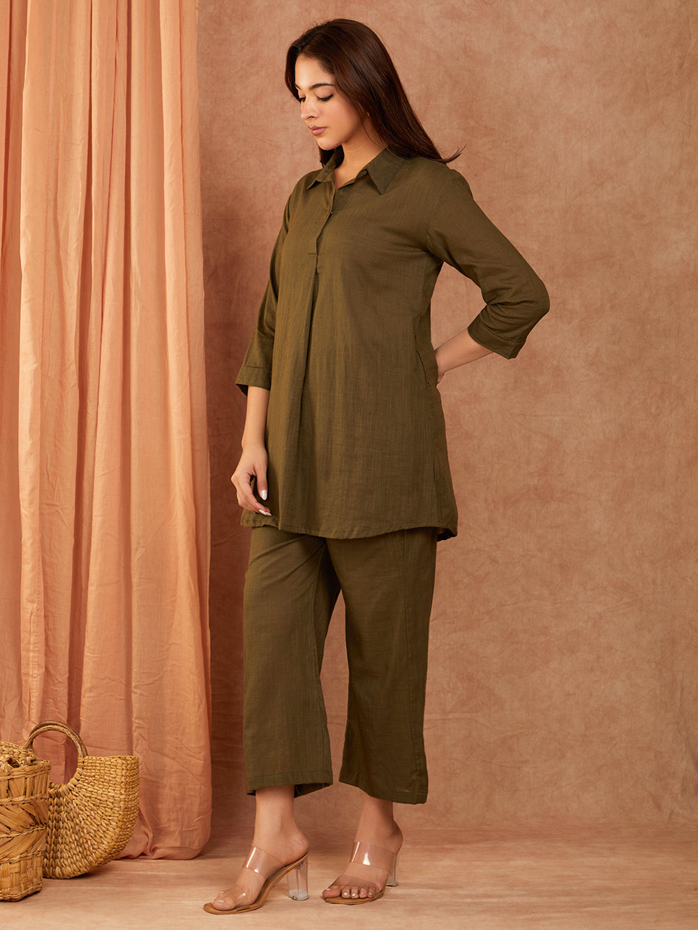 Olive Green Cotton Slub Co-ord Set