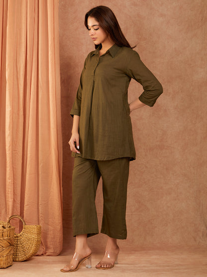 Olive Green Cotton Slub Co-ord Set