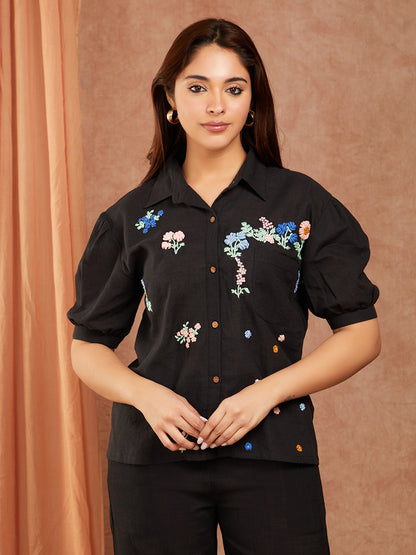 Black Cotton Slub Hand Embroidery Co-ord Set