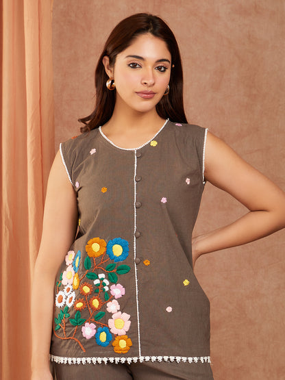 Charcoal Grey Cotton Slub Hand Embroidery Co-ord Set