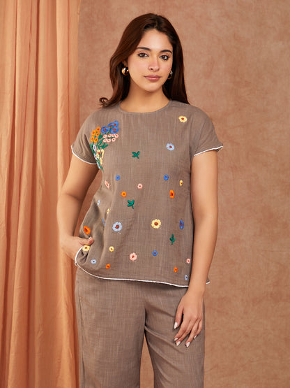 Grey Cotton Slub Hand Embroidery Co-ord Set