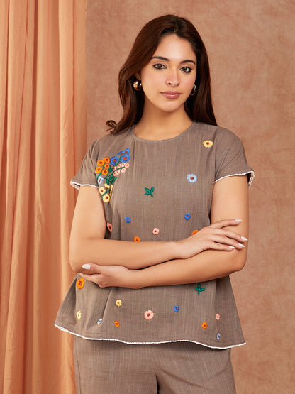 Grey Cotton Slub Hand Embroidery Co-ord Set