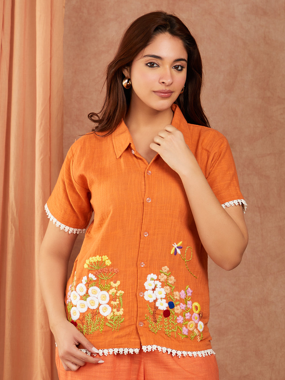 Rust Orange Cotton Slub Hand Embroidery Co-ord Set