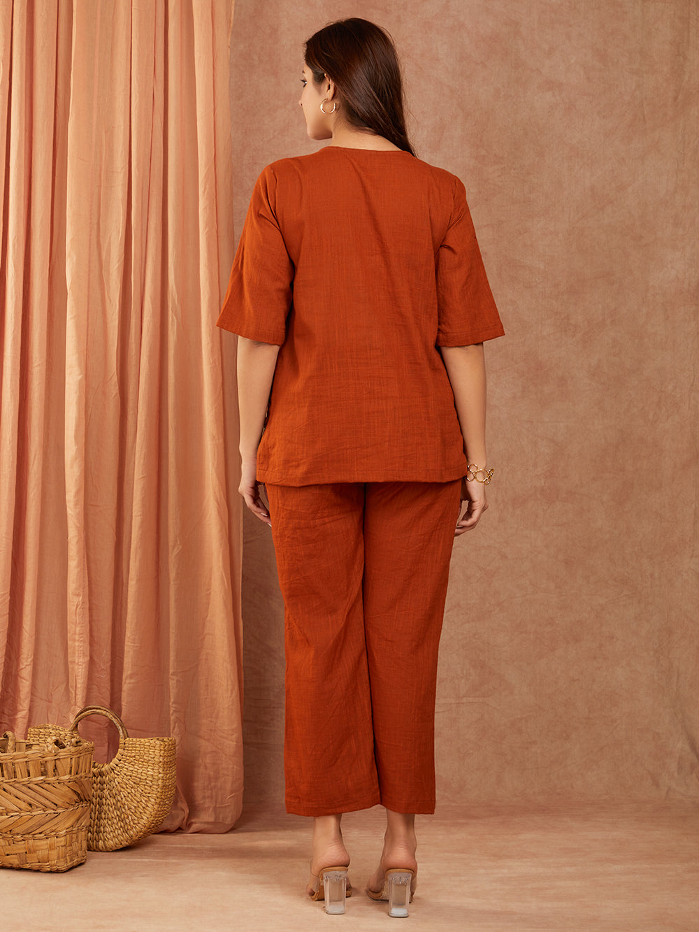 Rust Brown Cotton Slub Hand Embroidery Co-ord Set
