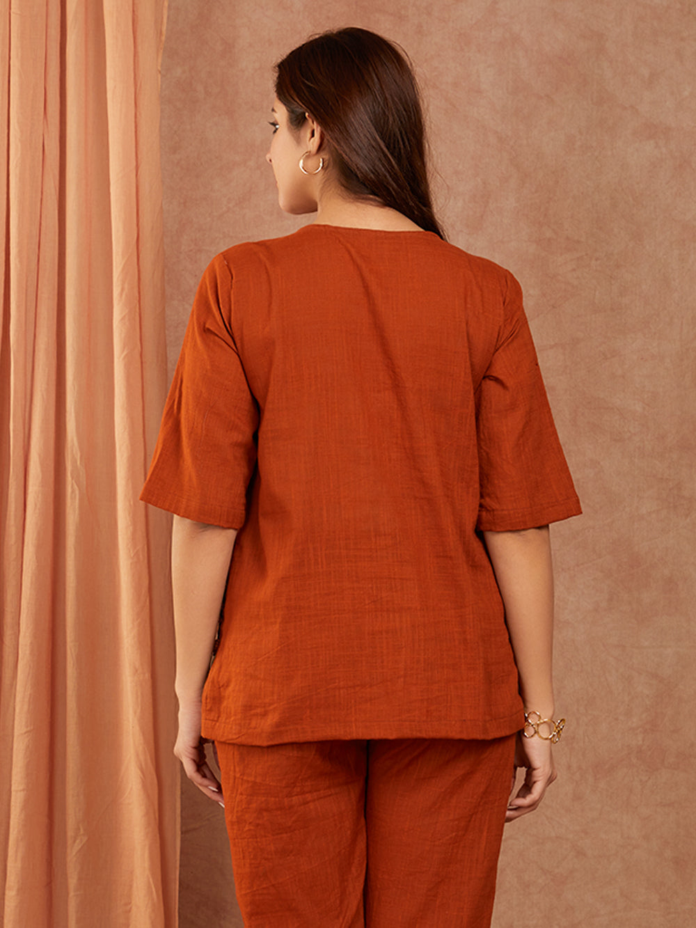 Rust Brown Cotton Slub Hand Embroidery Co-ord Set